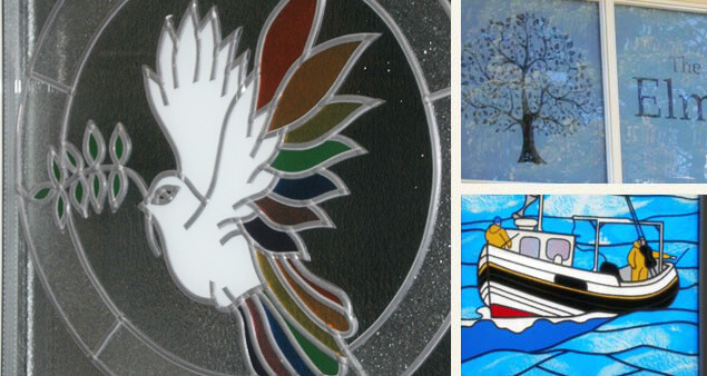 Bosomworth Glass, based in filey, dove, boat and logo stained glass examples