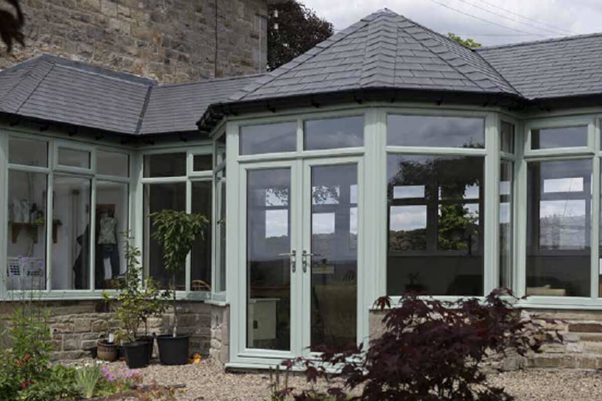 Equinox conservatory roof system on an unusual shaped green conservatory in North Yorkshire